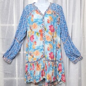 Tolani Ruffle Midi Shift Dress Sz M Long Sleeve Blue Floral Boho Flowy Peasant